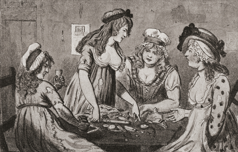 The division of the robbery. In St. Giles, London criminal district, after a work by Isaac Cruikshank, 1796.