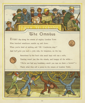 Passengers travelling on the omnibus while children turn cartwheels on the street below (colour litho)
