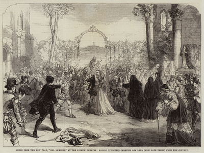 Scene from the New Play, "Bel Demonio," at the Lyceum Theatre, Angelo (Fechter) carrying off Lena (Miss Kate Terry) from the Convent (engraving)