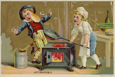 Tossing Pancake in Face (chromolitho)