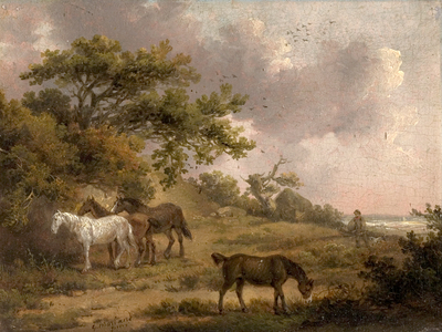 Landscape with Four Horses (oil on wood)