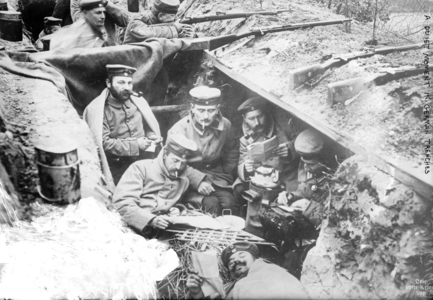 German soldiers relaxing in the trenches during WWI (b/w photo)