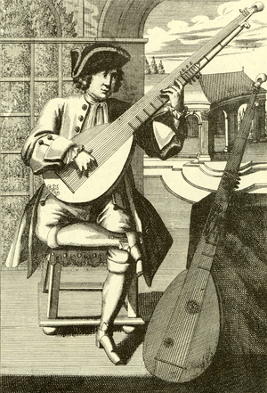 Theorbo player engraving by