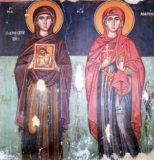 St Paraskevi and St Marina, Cretan School (wall painting)