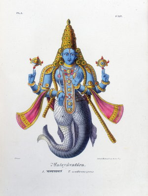 Vishnu, one of the gods of the Hindu trinity (trimurti) in his avatar of Matsya, a fish. Lithograph from L'Inde Francaise, 1828.