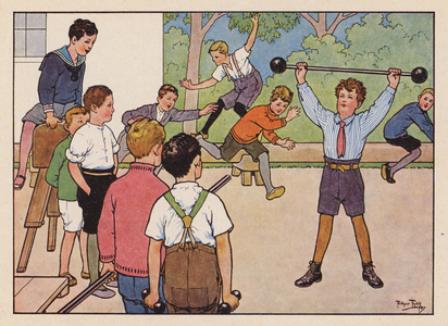 Boy lifting a barbell (colour litho)
