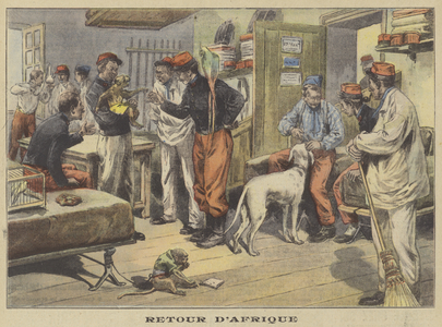 French soldiers back from serving in Africa (colour litho)