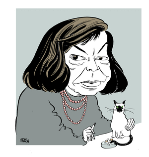Patricia Highsmith - caricature with her cat, smoking