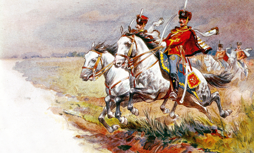 Russian cavalrymen during a cavalry charge, watercolor, c. 1850