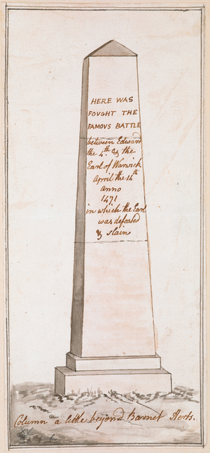 A drawing of an obelisk marking the Battle of Barnet