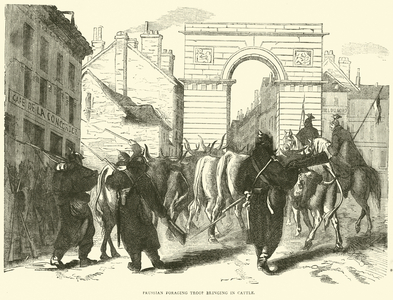 Prussian foraging troop bringing in cattle, October 1870 (engraving)