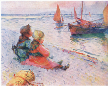 On the beach, illustration from My Magazine (Arthur Mee), c.1920-30 (colour litho)