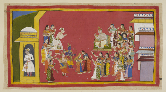 Kaikeyī insists; Rāma dons bark garments and prepares to depart, 1653 (miniature)