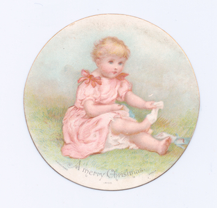 Victorian circular Christmas card of a little girl dressed in pink removing her sock, c.1880 (colour litho)