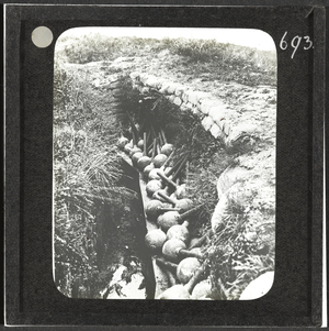 Mortar bombs in a reserve trench ready for use, September 1916 (b/w photo)