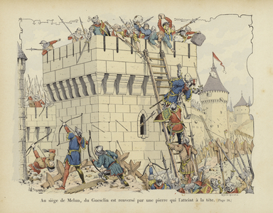 Bertrand du Guesclin struck on the head by a stone at the Siege of Melun, 1359 (colour litho)
