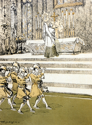 Caricature in L'Assiette du Beurre, 1906, depicting the Spanish Church praying for relief during the Spanish Famine 1904-06
