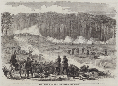 The Civil War in America, Advance of the Skirmishers of the Bucktail Rifles on the Confederate Position at Drainsville, Virginia (engraving)