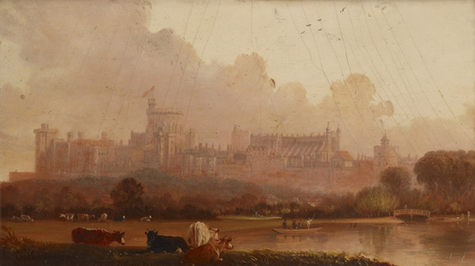 View of Windsor Castle, with Four Cows in the foreground, and Men in a Boat