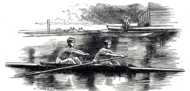 Illustration showing students in practice for the Boat Race, 1895. The Boat Race is an annual rowing race between the Oxford University Boat Club and the Cambridge University Boat Club, rowed between men's and women's open-weight eights on the River Thames in London, England. It is also known as the University Boat Race and the Oxford and Cambridge Boat Race. The men's race was first held in 1829 and has been held annually since 1856, except during the First and Second World Wars.