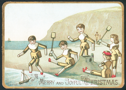 Toys Playing On Beach, Christmas Card (chromolitho)