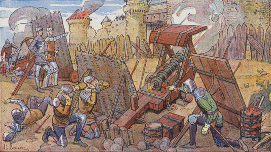 Early cannon being used at a siege (colour litho)
