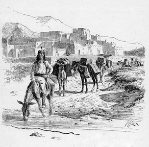 Pack train leaving a Pueblo