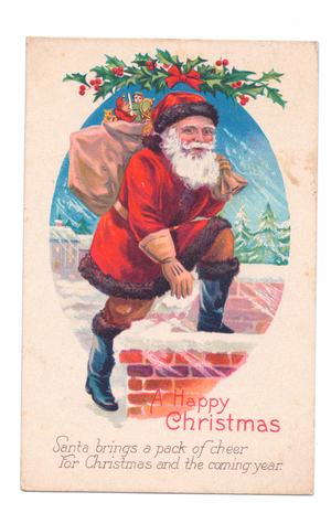 Edwardian Christmas postcard of Father Christmas with a sack of toys on his shoulder about to enter a chimney, c.1910 (colour litho)
