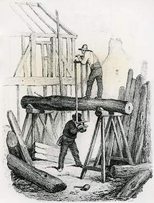 Sawing tree trunk into planks. Engraving, London, 1837.