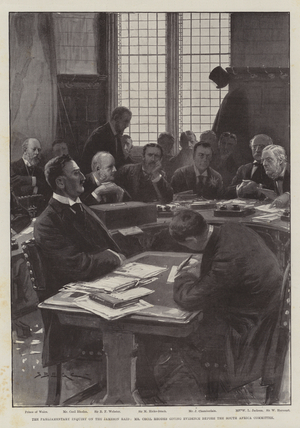 The Parliamentary Inquiry on the Jameson Raid, Mr Cecil Rhodes giving Evidence before the South Africa Committee (litho)