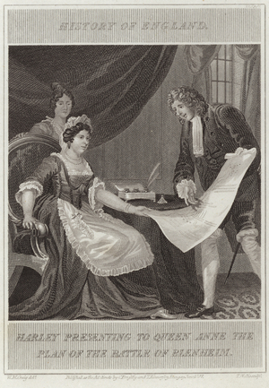 Harley presenting to Queen Anne the plan of the battle of Blenheim (engraving)