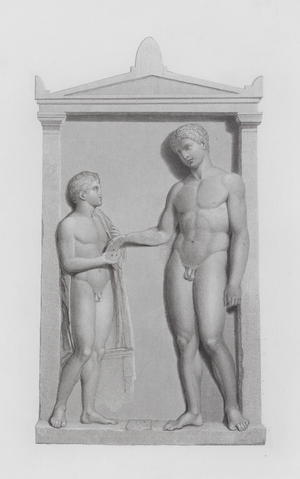 Relief from a tomb on Delos, ancient Greek marble sculpture (engraving)