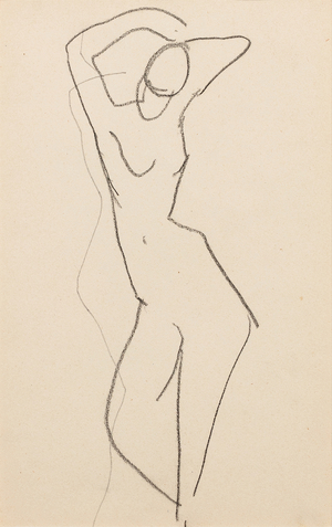 Nude woman in three-quarter view to the left lying on a sofa, hands on chin (recto); Two heads of men facing forward, one a presumed self-portrait of Modigliani (verso), 1905(pencil on paper)