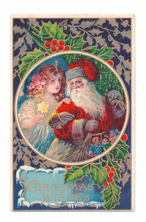 Edwardian Christmas postcard of Father Christmas with a fairy holding a star, c.1910 (colour litho)