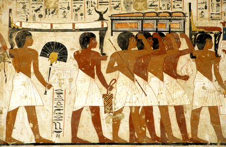 Ancient Egypt, Painting, Funeral procession, Tomb of Ramose, Men carrying treasure, Thebes, Valley of the Nobles, 1411-1376 BC (photo)