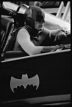 Batman on set of the TV series 'Batman', 1966 (b/w photo)