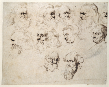 Seven studies of the head of an elderly bearded man, with two others of different men's heads and two of a woman, one with a cap, c.1616 (pen & ink with chalk on paper)