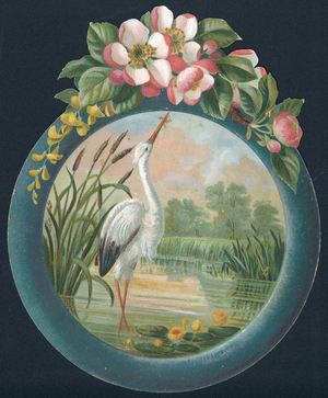 Stork standing in water, Christmas Card (chromolitho)