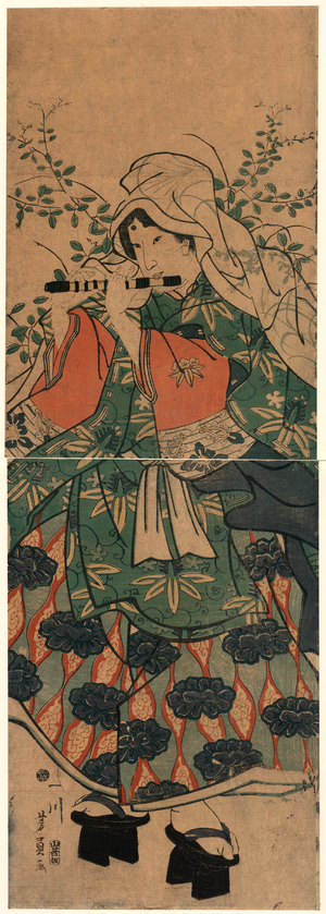 Ushiwakamaru, Utagawa 1866., 1 Print : Woodcut, Color ; 35.7 X 24.8  (Top Panel), 36 X 24.8  (Bottom Panel), Print Shows a Woman with a Shawl Covering Her Head and Wearing Geta, Playing a Takebue or Shinobue Flute.