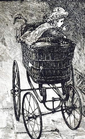 An engraving depicting a steerable perambulator which weighed in the region of 15kg, 19th century