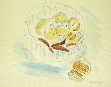 Still life with Figs and Pomegranates; Nature Morte aux Figues et la Grenade, (watercolour and blue wax crayon on paper)