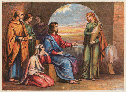 Lazarus and his sisters (colour litho)