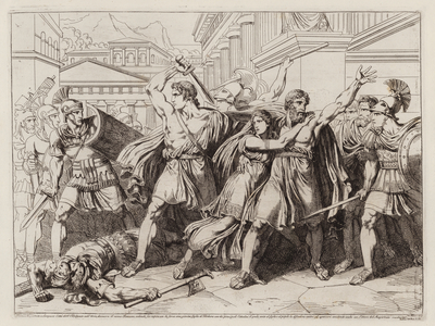 Philodamus and his son defending Philodamus' daughter from being abducted by Gaius Verres (etching)