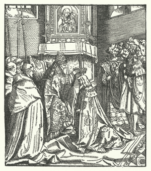 Pope Nicholas V crowning Frederick III Holy Roman Emperor in Rome, 1452 (engraving)