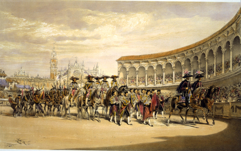 Entry of the toreros in procession. Lake Price (c1810-1896) English artist. Bullfighters processing in the stadium at Seville, Spain. Corrida Matador Tradition Costume Blood Sport Spectacle