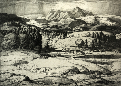 The Langdales from near Tarn Hows, 1947 (pen & ink on paper)