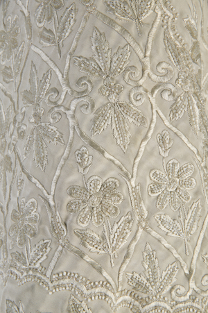 Bertha Palmer's coat, c.1870 (detail view of fabric), Ribbed silk moiré, fringe, and crystal beads