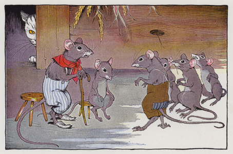 Aesop's Fables: Belling the Cat (colour litho)