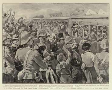 A Hearty Send-off by the Cape Town Highlanders, the New Zealand Contingent leaving Cape Town for the Front (litho)