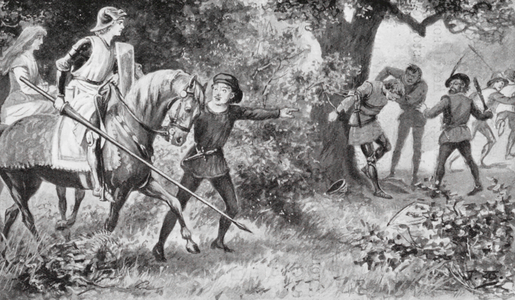 Gareth rushed upon the robbers and struck out so boldly that they ran away (litho)